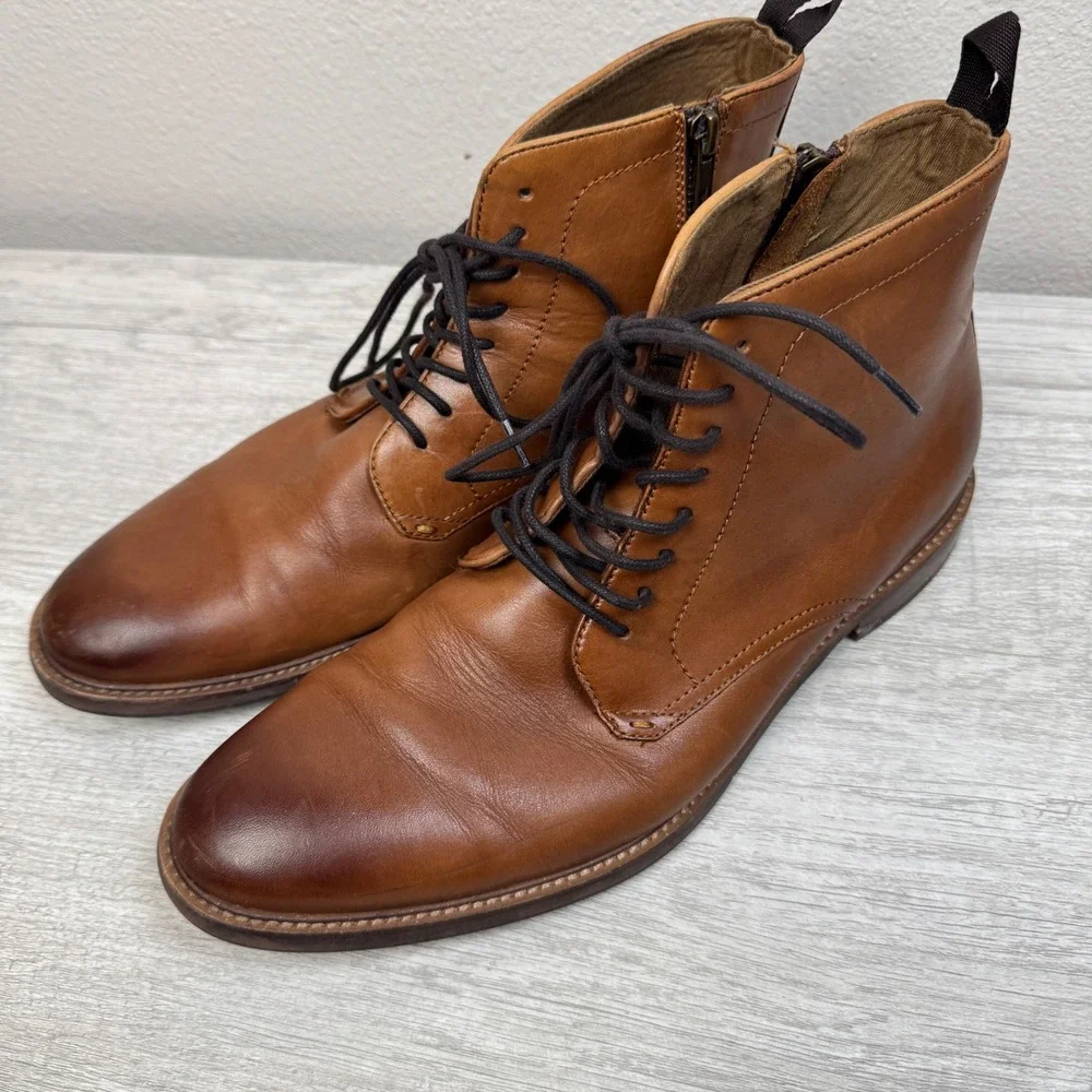 Aldo Leather Side Zip Lace Up Dress Boots 10.5 Tan Brown Burnished Toe